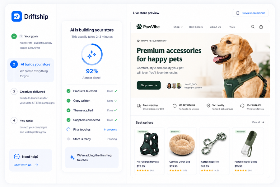 Step 2: the AI builds your Shopify store with a live preview